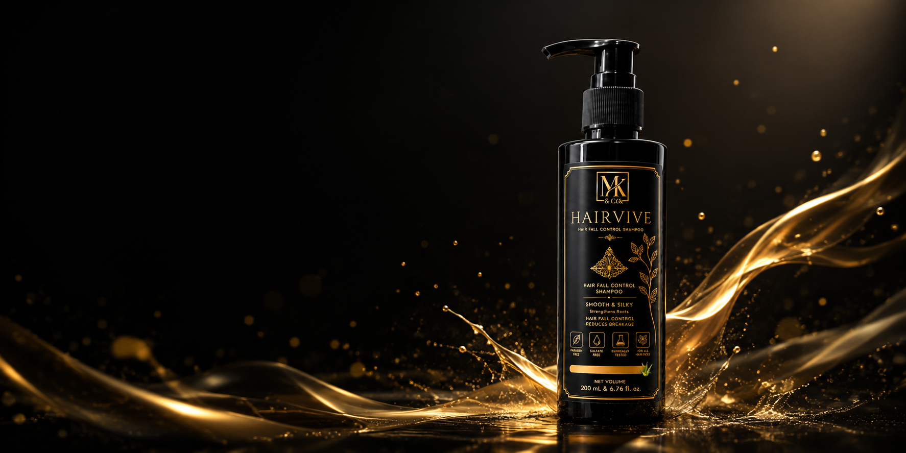 Hairvive bottle positioned on the right amid flowing gold