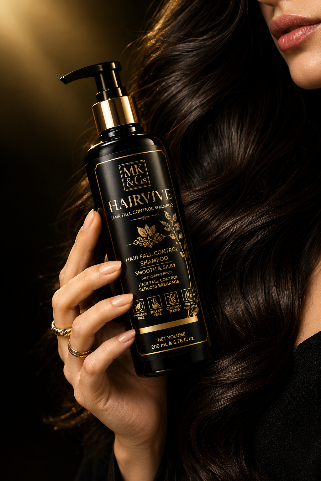 Woman holding Hairvive beside glossy hair