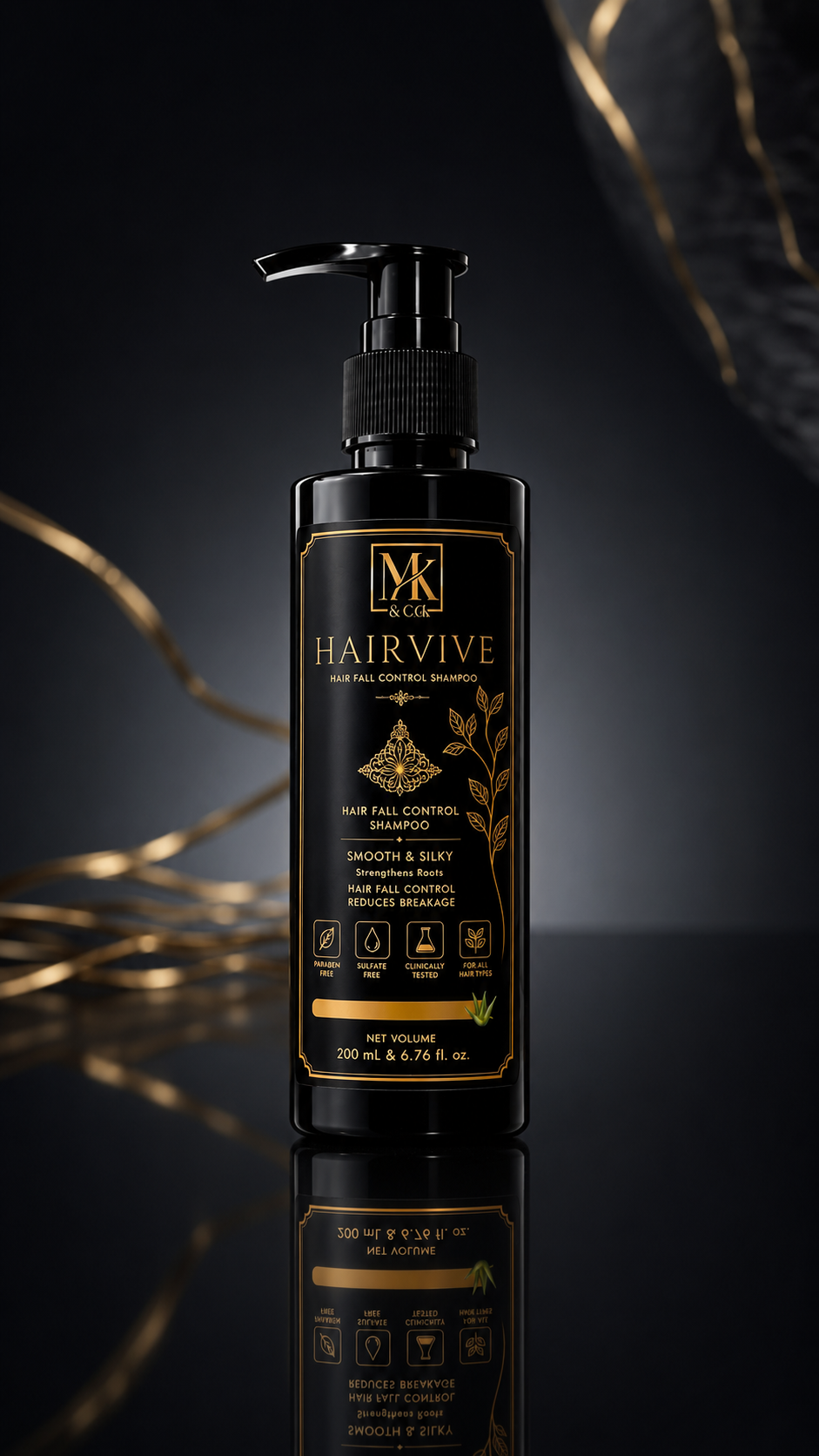 Hairvive bottle reflected on polished black